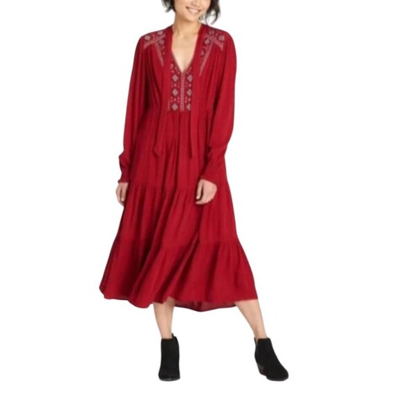 Knox Rose Deep Red Embroidered Boho Peasant Dress Women's Size XL Fall Casual - Picture 1 of 8